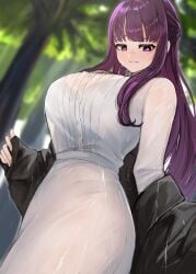 :t absurdres black_robe blunt_bangs blurry blurry_background blush bra_visible_through_clothes breasts dress female fern_(sousou_no_frieren) from_below furrowed_brow half_updo highres large_breasts looking_down nekotokage off_shoulder pout purple_eyes purple_hair revision robe see-through_clothes solo sousou_no_frieren straight_hair wet wet_clothes white_dress