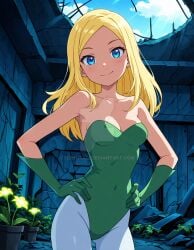 2025 ai_generated bad_girl batman_(series) blonde_female blonde_girl blonde_hair_female blue_eyes brown_eyebrows cartoon_network cosplay cosplayer dc dc_comics dcau deviantart elryusam good_girl hands_on_hips looking_at_viewer meta mouth_closed not_porn poison_ivy poison_ivy_(cosplay) red_cheeks smile_at_viewer smiling_at_viewer teen_titans terra unknown_place