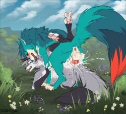 anal anal_sex animal_genitalia animal_penis anthro anus anvil_position ass ayakan_(krispycable) balls blue_body blue_eyes blue_fur bodily_fluids canid canine canine_genitalia canine_penis canis claws cody_(krispycable) cum cum_inside duo erection feral fingerless_(marking) fingerless_gloves_(marking) flower fox from_front_position fur fur_markings genital_fluids genitals gloves_(marking) grass grey_body grey_fur hair hi_res knot leg_wrap legs_up lying male male/male male_penetrated male_penetrating male_penetrating_male mammal markings motion_lines multicolored_body multicolored_butt multicolored_fur nude on_back open_mouth orange_body orange_fur orange_penis pawpads paws penetration penile penis pink_pawpads plant precum rear_view saliva sex shikyotis striped_body striped_fur stripes tail teeth tongue tuft two_tone_butt white_body white_butt white_fur wolf