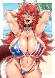 1girls american_flag_bikini armpits arms_up bikini choker dragon_girl dragon_horns dragon_tail female female_only flag_bikini flag_print hands_behind_head horns huge_breasts light-skinned_female light_skin long_hair ompongworks red_hair solo tail virtual_youtuber vshojo zentreya