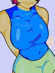 1girls belly_button_visible_through_clothing big_breasts blue_topwear breasts clothed clothing collarbone green_shorts noob noob_(roblox) pink_hair roblox robloxian shorts sleeveless tagme tapamija tight_clothing watermark yellow_skin
