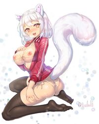 +_+ animal_ears ass bikini blush breasts female muloli nipples open_mouth original see-through short_hair silver_hair smile solo swimsuit tail thighhighs