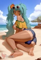 1girls 2d ai_generated aqua_hair ass barefoot big_ass big_breasts bikini bracelet brazilian_miku breasts dark-skinned_female earrings erection erophoenix eyewear_on_head feet full_body futanari grin hair_flower hair_ornament hatsune_miku huge_breasts jewelry kneeling large_penis long_hair looking_at_viewer looking_back nail_polish patreon_username penis shorts smile soles solo solo_female sunglasses swimsuit tan tellow_shirt testicles thick thick_thighs toes uncensored vocaloid