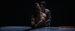 3d 3d_model 3d_render black_background business_suit cd_projekt_red cgi chained chains corporate cuffed cuffs cyberpunk cyberpunk_2077 dominant domination gay gay_male hand_cuffs hand_on_mouth hand_over_mouth male male/male male_dominating_male male_domination male_only muscles nipple_pinch pinching_nipples shirtless souperman suit suit_and_tie tied tied_up v_(cyberpunk_2077)