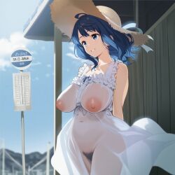 1girls ai_generated areolae big_areola big_breasts blue_hair hairy make_heroine_ga_oo_sugiru! nude pink_nipples pubic_hair sagging_breasts see-through see-through_clothing solo solo_focus summer sundress windy_skirt yanami_anna