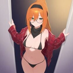 ai_generated bandana bikini breasts from_above ginger glasses green_eyes jacket ponytail small_breasts thighs