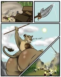 anthro ass big_breasts big_butt bodily_fluids bracelet breasts bredlaybagordh brown_nipples cloud comic disney english_text female genital_fluids genitals gold_(metal) gold_bracelet gold_jewelry group hi_res huge_breasts huge_butt jewelry looking_at_another looking_down macro mature_anthro mature_female melee_weapon nipples polearm pubes pussy size_difference sky spear sun text the_lion_king vaginal_fluids vehicle wagon weapon zira_(the_lion_king)