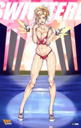 big_breasts bikini blonde_hair blue_eyes bra breasts cleavage european faymantra female female_only flag_bikini large_breasts looking_at_viewer mercy national_personification overwatch panties solo swiss swiss_flag switzerland