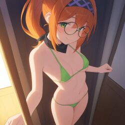 ai_generated bandana bikini breasts from_above ginger glasses green_eyes ponytail small_breasts thighs