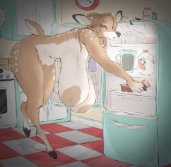 anthro areolae bending_forward big_ass big_breasts breasts brunette_hair bunny_ears cleavage dullvivid female fiona_fawnbags_(dullvivid) food fridge furry hanging_breasts hooves huge_ass huge_breasts indoors kitchen large_areolae mammal mammal_humanoid nipples nude thick_thighs wide_hips