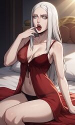 1girls ai_generated ass bewitching_thighs bigmic145 breasts carmilla_(castlevania) castlevania castlevania_(netflix) lips long_hair medium_breasts negligee nightgown panties red_dress see-through see-through_clothing thighs vampire vampire_girl white_hair