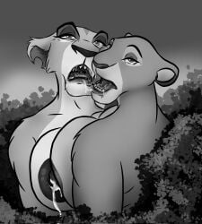after_kiss anthro big_breasts bodily_fluids breasts bredlaybagordh disney duo felid female female/female hi_res huge_breasts in_mouth lactating lion looking_at_viewer looking_back macro mammal monochrome pantherine plant saliva saliva_string sarabi sarabi_(the_lion_king) size_difference the_lion_king tree zira zira_(the_lion_king)