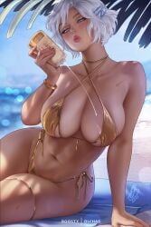 1girls abs annoyed annoyed_expression annoyed_face athletic athletic_female beach big_breasts blue_eyes breasts female golden_bikini golden_week hair_accessory jewelry looking_at_viewer murina_(olchas) muscular muscular_female olchas original original_character sunscreen tanned tanned_female tanned_skin thick_thighs thunder_thighs white_hair
