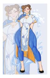 1girls breasts brown_hair celebelian chun-li chun-li_(street_fighter_6) clothed clothing female female_only hair_buns light-skinned_female light_skin muscular_female solo standing street_fighter street_fighter_6 tights