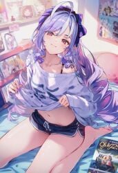 ai_generated bedroom daytime female_focus purple_hair raaicave shorts sweater_lift thighs vivian_(zenless_zone_zero) zenless_zone_zero