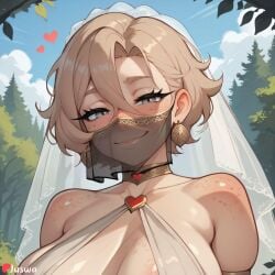 ai_generated areola_slip artist_name bangs bare_shoulders blonde_hair blue_sky blush breasts bridal_veil choker cleavage closed_mouth cloud collarbone day earrings female freckles grey_eyes hair_between_eyes heart heart_choker jewelry juswa large_breasts looking_at_viewer mouth_veil outdoors see-through short_hair sky smile solo tree upper_body veil