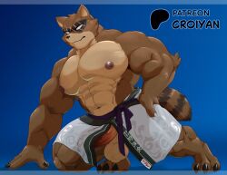 1boy abs animal_ears artist_name bara barefoot blue_background claws closed_mouth croiyan cross_scar english_commentary erection facing_viewer fortnite furry furry_male hajime_(fortnite) male_focus muscular muscular_male navel nipples pectorals penis raccoon_boy raccoon_ears raccoon_tail scar scar_across_eye scar_on_face tail testicles topless_male