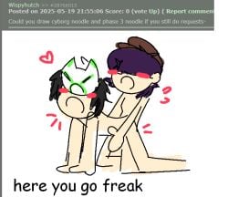 2girls backshots comic_sans cyborg_noodle doggy_style female flat_colors futanari gorillaz heart hearts intersex ironic joke joke_art k0piga masked_female noodle_(gorillaz) request selfcest text white_background