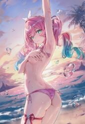 ai_generated armpit ass bikini_bottom bikini_top_removed cloudy_sky covered_nipples curvy_body curvy_female curvy_figure honkai:_star_rail hyacine_(honkai:_star_rail) pink_hair raaicave sky_background sunset