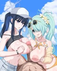 1boy 2girls alternate_costume alternate_hairstyle areolae arius_satellite_school_student arius_squad_(blue_archive) bikini bikini_top_removed blue_archive blue_eyes blue_hair breasts bubupan cap censored collaborative_paizuri erect_penis erection female ffm_threesome green_eyes green_hair halo hat hiyori_(blue_archive) hiyori_(swimsuit)_(blue_archive) huge_breasts light-skinned_female light-skinned_male light_skin looking_at_viewer male male_pov mosaic_censoring nipples official_alternate_costume outdoors paizuri penis ponytail pov saori_(blue_archive) saori_(swimsuit)_(blue_archive) sky sunglasses sunglasses_on_head threesome watch white_cap