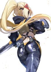 ass back black_gloves black_pants black_shrug blonde_hair breasts camouflage commentary english_commentary eye_mask female fingerless_gloves gloves gun hair_ornament highres large_breasts long_hair long_sleeves midriff pants raijuu_(bakanara) rifle shrug_(clothing) sniper_rifle tactical_clothes thighs tight_clothes tight_pants trigger_(zenless_zone_zero) weapon zenless_zone_zero