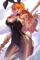 animal_ears black_leotard black_nails breasts clima-tact commentary cropped_legs detached_collar earrings english_commentary female fishnet_pantyhose fishnets highleg highleg_leotard jewelry large_breasts leotard long_hair nami_(one_piece) one_piece orange_hair pantyhose pearl_earrings playboy_bunny rabbit_ears rabbit_tail rattlepool shoulder_tattoo solo standing strapless strapless_leotard tail tattoo tongue tongue_out wrist_cuffs