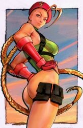1girls ass blonde_hair blue_eyes braids cammy_white clothed clothing female female_only leotard light-skinned_female light_skin presenting_ass sideboob solo sozomaika street_fighter twin_braids very_long_hair