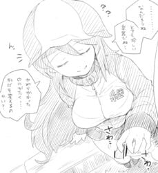 ? breasts closed_eyes clothing comic female girls_und_panzer handjob hat henyaan_(oreizm) long_hair mika_(girls_und_panzer) monochrome penis smile solo_focus text translation_request