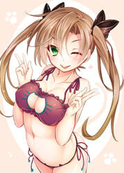 ;p absurdres akigumo_(kantai_collection) alternate_breast_size alternate_hairstyle arched_back bare_shoulders blush bra breasts brown_hair cat_cutout cat_ear_panties cat_lingerie cleavage cleavage_cutout collarbone female green_eyes hair_ribbon heart kantai_collection long_hair looking_at_viewer mole mole_under_eye navel one_eye_closed panties paw_print revision ribbon side-tie_panties smile solo tied_hair tongue tongue_out twintails underwear underwear_only v wakagi_repa