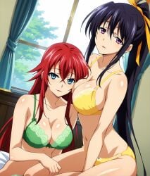 2females ai_generated akeno_himejima black_hair curvy_female face_on_breast female_only green_bikini green_bra green_panties hand_on_another's_leg high_school_dxd large_breasts light-skinned_female long_hair red_hair rias_gremory wakih yellow_bikini yellow_bra yellow_panties yuri