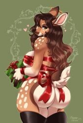 2023 anthro ass big_butt biped bow_ribbon breasts brown_body bubble_butt christmas christmas_present clothed clothing deer eyelashes facial_piercing female fur gift heart_symbol hi_res holidays legwear looking_at_viewer looking_back mammal nose_piercing piercing pupils septum_piercing smile spottedtigress thigh_highs wren_(senjuu)