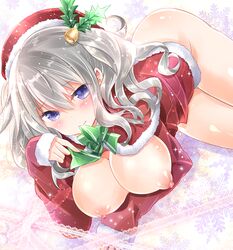 bell blue_eyes blush bow breasts hair_bell hair_ornament hat kantai_collection kashima_(kantai_collection) kurun_(kurun777) large_breasts looking_at_viewer mouth_hold nipples santa_costume santa_hat silver_hair tied_hair tsurime twintails wavy_hair