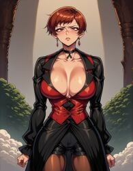 1girls ai_generated big_breasts brown_hair busty cleavage curvaceous earrings female huge_breasts king_of_fighters light_skin red_eyes short_hair tan tan_skin tanned tanned_skin thick_thighs thighs vice_(kof) voluptuous voluptuous_female wet