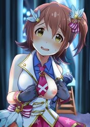 blush breasts brown_eyes brown_hair female gloves hair_ornament hatomugi_(mugicha) idolmaster idolmaster_million_live! kasuga_mirai looking_at_viewer microphone nipples one_breast_out open_mouth short_hair solo