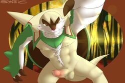 1boy abs anthro chesnaught erection foreshortening front_view furry half-closed_eyes lens_flare looking_at_viewer male male_only mammal muscular nintendo nipples nude pecs penis pokemon pokemon_xy reaching_towards_viewer selfie shell signature smile solo spikes syntex testicles video_games white_fur