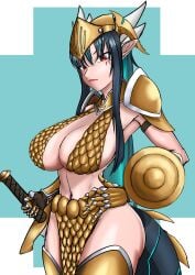 1girls armor belly_button bikini_armor black_hair blade breasts female female_only gauntlets helmet huge_breasts ikari_iivo light-skinned_female light_skin pixela_legends pixela_project pointy_ears red_eyes shield solo sword umino_ciala virtual_youtuber