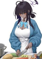 absurdres ahoge alternate_hairstyle apron b-pang bandaid bandaid_on_hand black_hair blue_archive blue_bow blue_bowtie blue_sweater blush bow bowtie breasts carrot cleavage cooking curry_roux cutting_board dark-skinned_female dark_skin female food hair_up halo highres holding holding_knife karin_(blue_archive) kitchen_knife knife large_breasts long_hair long_sleeves potato sidelocks simple_background solo spam_(food) sweater upper_body vegetable white_background yellow_eyes zucchini_(vegetable)