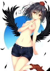 black_hair black_wings blush boots breasts brown_boots closed_mouth denim denim_shorts feathers female finger_to_mouth hat looking_at_viewer mikagemaru_(mikage000) navel nipples pom_pom_(clothes) red_eyes shameimaru_aya short_hair shorts simple_background smile solo tokin_hat topless touhou wings