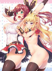 2girls :q armpits arms_up ass bangs bare_shoulders belt belt_buckle black_gloves blonde_hair blunt_bangs blush bracelet breast_grab breasts brown_legwear buckle cagliostro_(granblue_fantasy) cape clarisse_(granblue_fantasy) closed_mouth cork covered_navel cowboy_shot elbow_gloves erect_nipples eyebrows eyebrows_visible_through_hair from_side gloves grabbing grabbing_from_behind granblue_fantasy green_eyes hairband jewelry kawase_seiki large_breasts liquid long_hair midriff miniskirt multiple_girls naked_cape navel nipples nose_blush nude one_breast_out open_mouth panties pink_panties purple_eyes red_cape red_hair red_skirt round_teeth see-through shiny shiny_skin sidelocks skirt smug spikes standing star starry_background stomach surprised teeth test_tube thighhighs tongue tongue_out underwear upskirt very_long_hair yuri