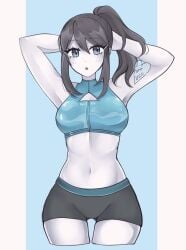 :o armpits arms_behind_head arms_up bangs bike_shorts black_hair black_shorts blonde_hair blue_eyes blue_sports_bra blush breasts clothing colored_skin crop_top cropped_legs crossover female grey_eyes hair_between_eyes long_hair looking_at_viewer medium_breasts metroid midriff mole navel open_mouth original ponytail purrlucii samus_aran short_shorts shorts sidelocks sleeveless solo sports_bra sportswear super_smash_bros. thighs white_skin wii_fit wii_fit_trainer