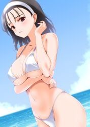 1girls alluring beach big_breasts bikini black_hair blue_sky brown_eyes cleavage engo_(aquawatery) kazama_jun milf namco ocean pin_up tekken tekken_2 tekken_8 tekken_tag_tournament tekken_tag_tournament_2