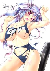 areola_slip areolae armpits blue_hair blush breasts collarbone exploding_clothes female hair_ornament hair_ribbon i-19_(kantai_collection) kantai_collection kimura_neito large_breasts long_hair name_tag navel one-piece_swimsuit open_mouth purple_eyes ribbon school_swimsuit solo swimsuit tied_hair torn_clothes torn_swimsuit torpedo tri_tails twintails underboob white_background