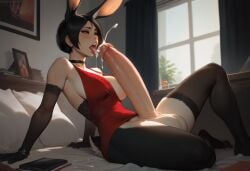 ada_wong ai_generated anthro anthrofied autofellatio big_breasts cum cum_in_mouth cum_in_own_mouth cum_on_own_tongue ejaculation futanari huge_balls huge_cock masturbation rabbit_ears rabbit_girl rabbit_humanoid rabbit_tail samanneb transformation