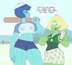 2025 2d 2d_(artwork) 2girls arrogant athletic_female baseball baseball_bat baseball_cap baseball_uniform blue_body blue_eyes blue_hair blue_shorts breasts cap cartoon_network green_body green_eyes jpeg jpg lapis_lazuli_(steven_universe) me_when_your_girl mr_fuga mrfuga muscular peridot_(steven_universe) phone shiny_skin short_hair short_shirt shorts steven_universe text white_cap yellow_hair