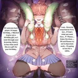 1girls 2boys alternate_version_available before_sex big_balls big_penis clothed_female_nude_male condom condom_on_penis cuckold cuckolding dark-skinned_male dark_skin doki_doki_literature_club english_text filled_condom imminent_sex interracial kinkylingky large_penis light-skinned_female light_skin long_hair looking_at_viewer monika_(doki_doki_literature_club) netorare netorase ntr one_eye_closed penis skirt speech speech_bubble squatting text text_bubble thighhighs uniform used_condom