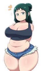 big_breasts breasts chubby crop_top green_eyes green_hair inko_midoriya jean_shorts milf my_hero_academia randomran thick_thighs thighs