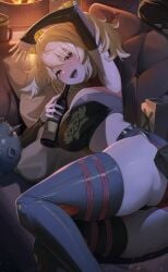 absurdres arm_up armpits ass black_shorts black_sleeves black_thighhighs black_tube_top blonde_hair blush bottle breasts burnice_white commentary_request crop_top detached_sleeves drunk female highres holding holding_bottle korean_commentary large_breasts light_particles looking_at_viewer lying night on_side red_eyes saliva saliva_trail shorts skindentation solo spiked_belt strapless thick_thighs thighhighs thighs tube_top two_side_up unnunal_(unneonal) zenless_zone_zero