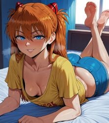 ai_generated asuka_langley asuka_langley_sohryu bangs barefoot blue_eyes breasts feet female long_hair looking_at_viewer lying_on_bed medium_breasts neon_genesis_evangelion orange_hair smile smiling smiling_at_viewer soles tease teasing teasing_viewer thighs toes toned toned_female