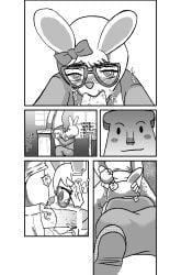 2016 anpanman anthro barusukye classroom duo ear_ribbon eyewear fellatio female food food_creature genitals glasses greyscale hi_res holding_ear holding_head inside interspecies japanese_text lagomorph leporid male male/female mammal mimi_sensei monochrome oral penile penis rabbit school sex shokupanman speech_bubble teacher text