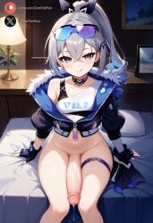 1futa ai_generated balls bedroom big_penis blush clothing cock dickgirl flaccid futa_only futanari gray_hair honkai:_star_rail honkai_(series) huge_cock indoors light-skinned_futanari light_skin looking_at_viewer on_bed penis precum roxygtf short_hair silver_wolf_(honkai:_star_rail) sitting small_breasts smug solo white_eyes